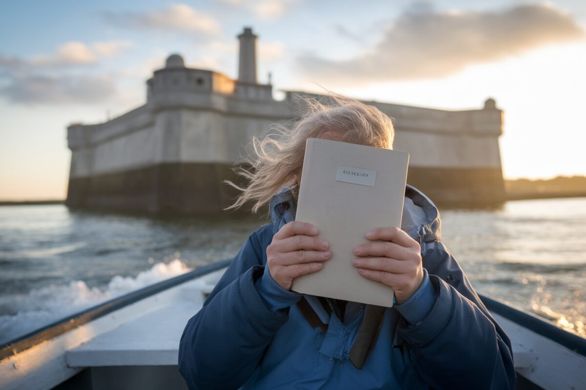 Un fan approche Fort Boyard en bateau, dossier de candidature en main