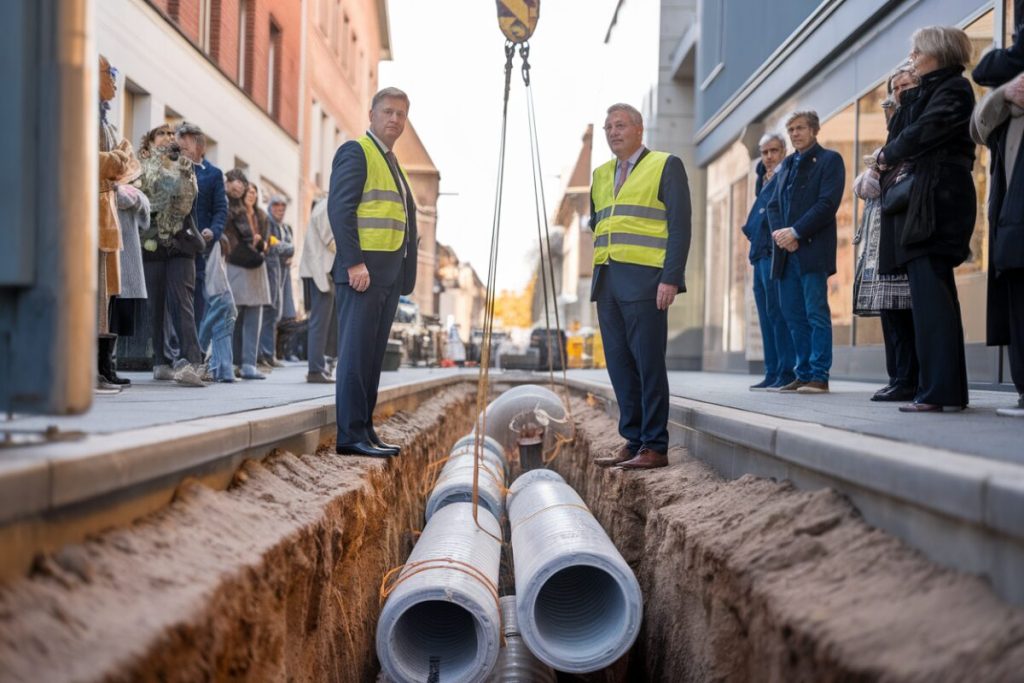 Chantier de réseau de chaleur urbain avec pose de canalisations isolées