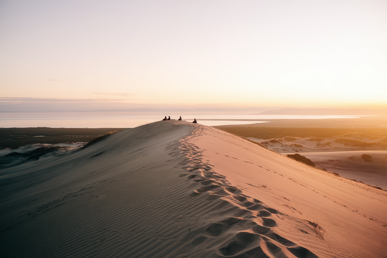 110 m de sable, 6 h 12 à l'aube, l'ascension de la dune du Pilat, ce lever de soleil surprend les visiteurs